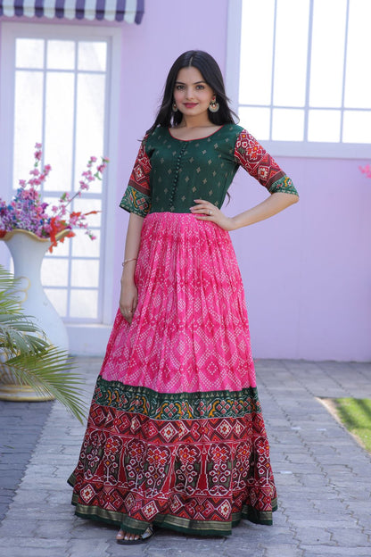 Classy Foil Print Work Pink Color Gown