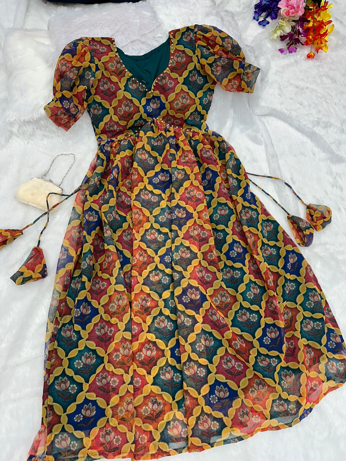 Latest Nayra Cut Printed Multi Color Kurti