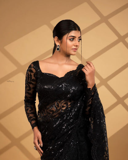 Party Wear Embroider Work Black Color Saree