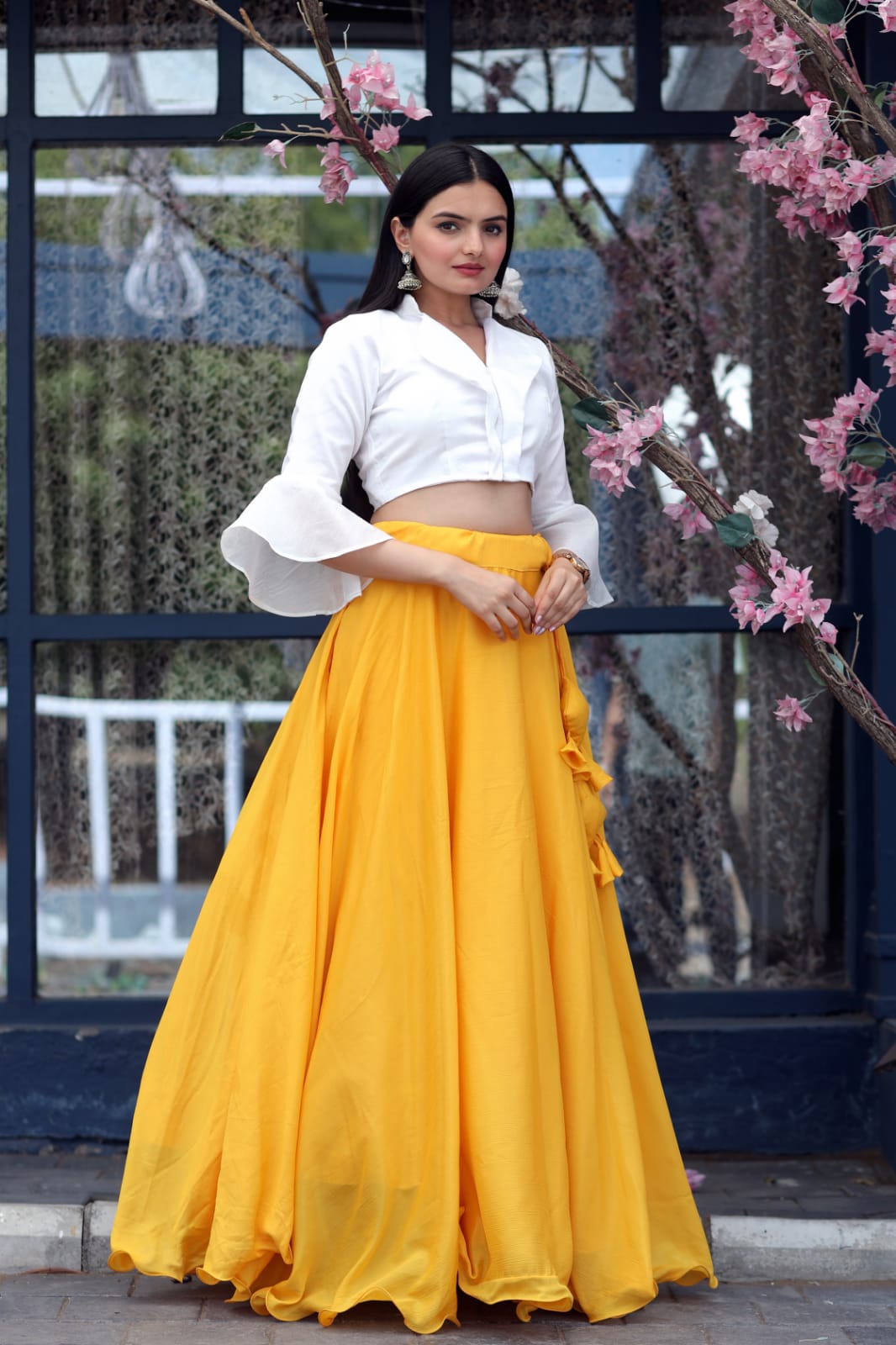 Sunset Yellow Embroidered Net Lehenga | Yellow lehenga, Lehenga online,  Mirror work lehenga