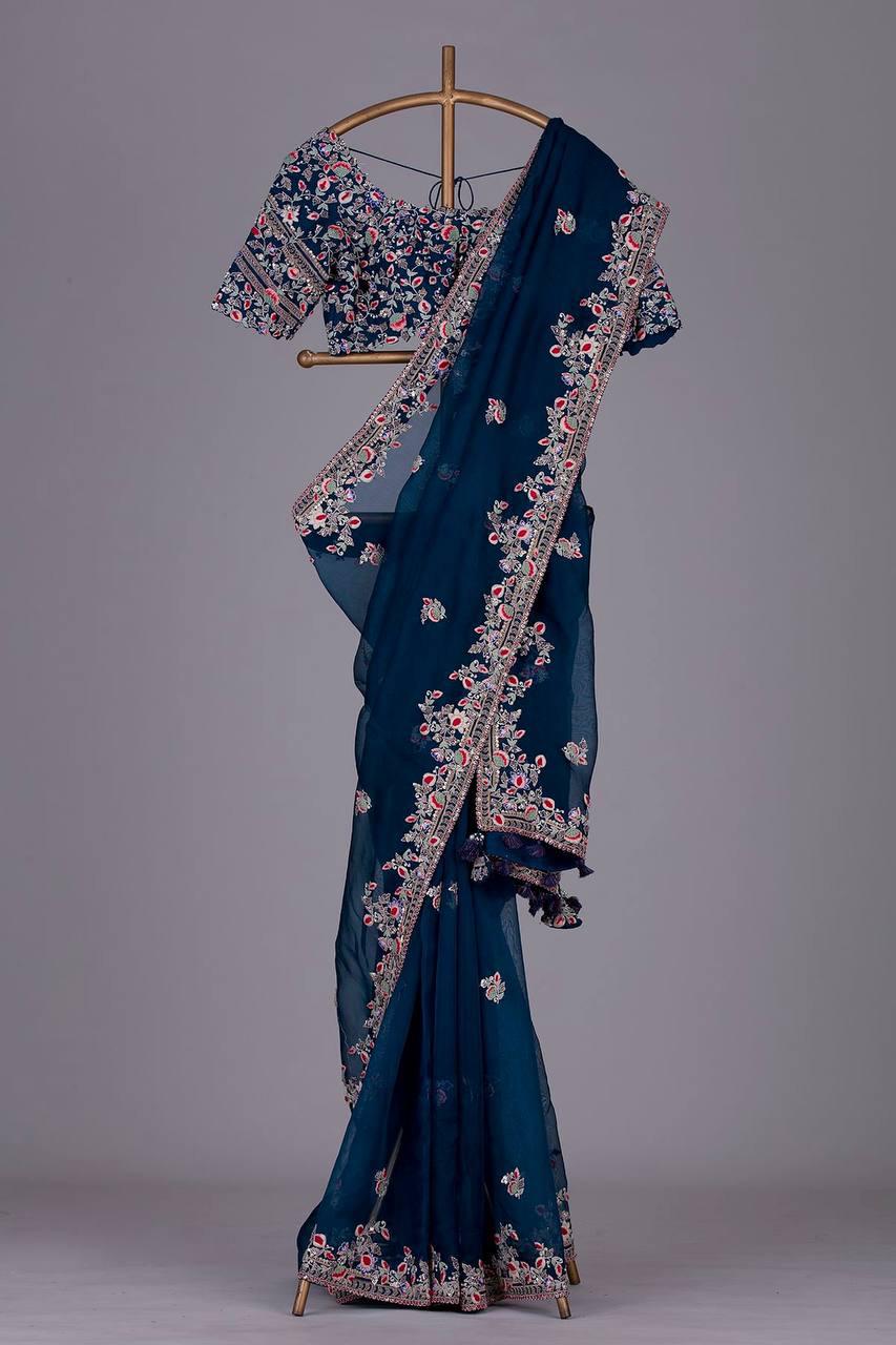 Heavy Border Beautiful Work Navy Blue Saree