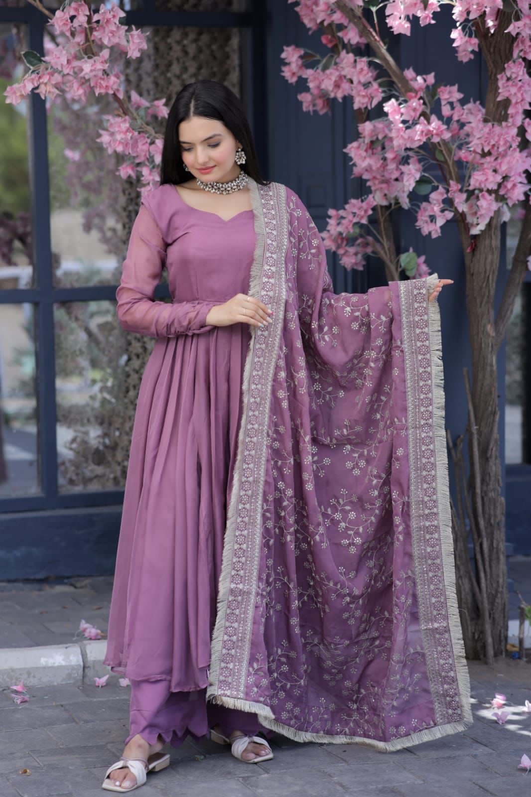 Lovely Dusty Pink Color Gown With Embroidered Work Dupatta