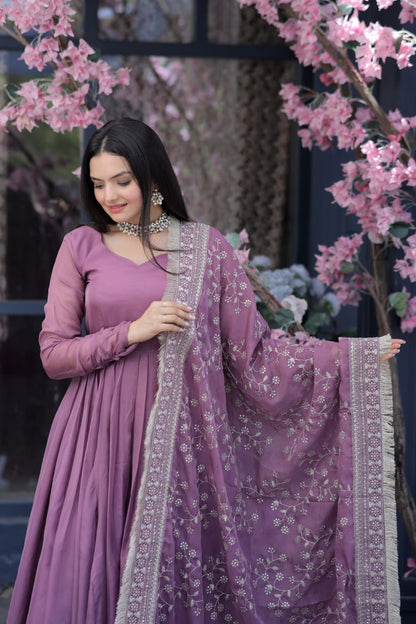 Lovely Dusty Pink Color Gown With Embroidered Work Dupatta