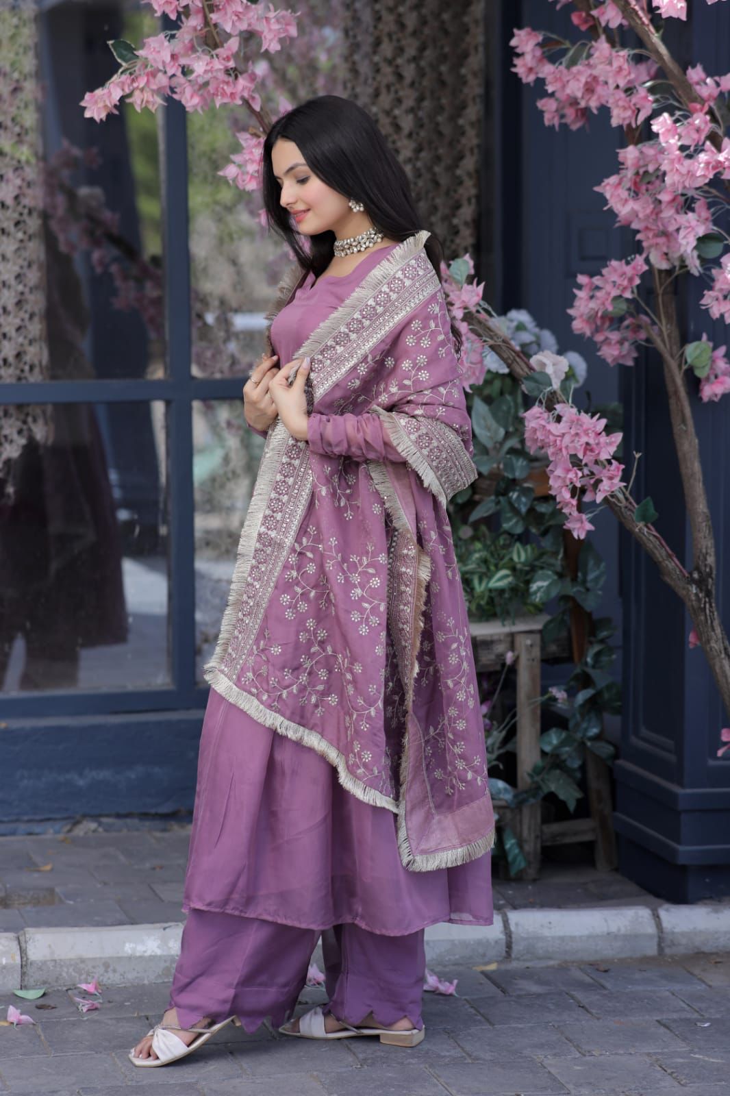 Lovely Dusty Pink Color Gown With Embroidered Work Dupatta