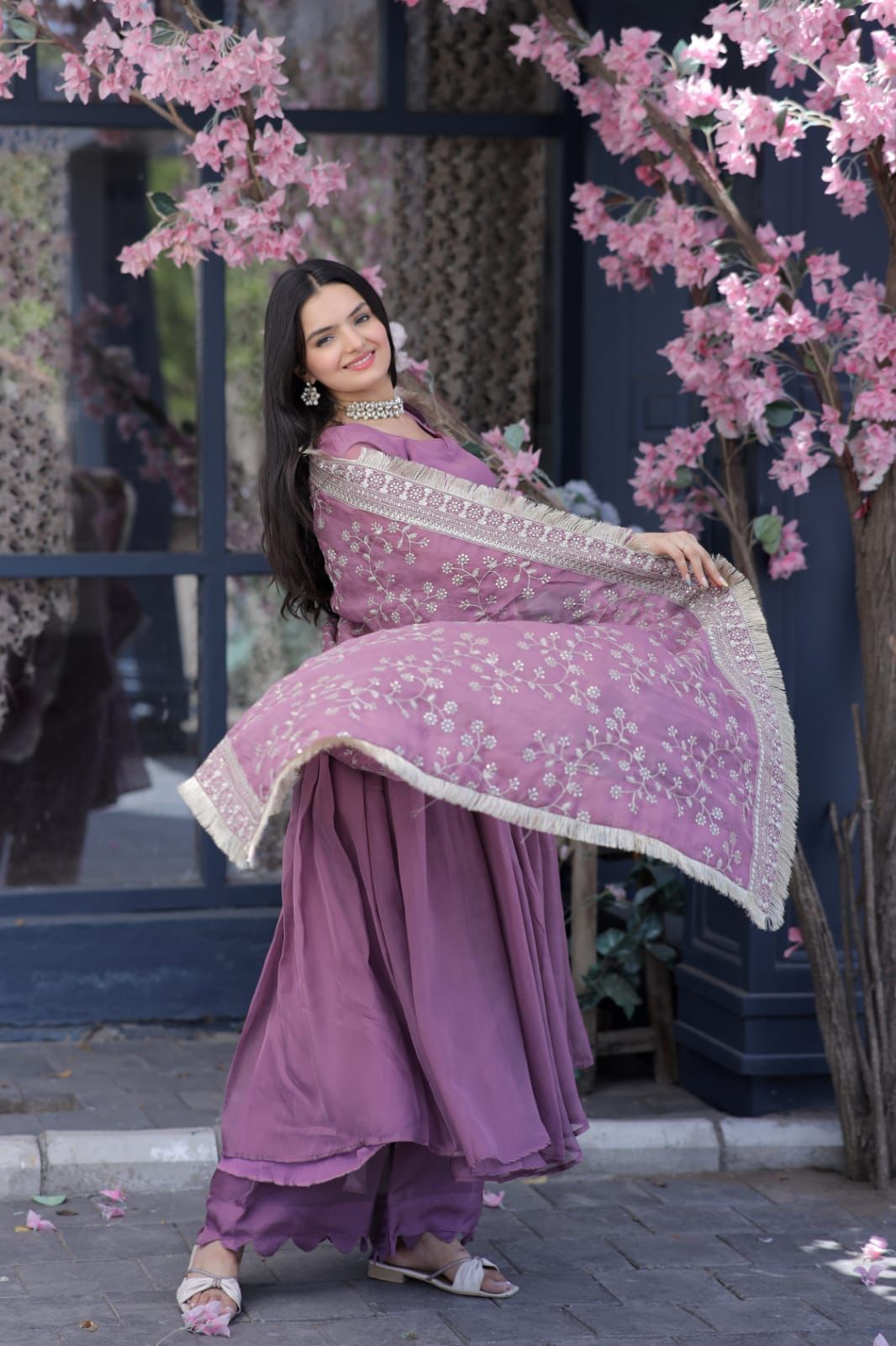 Lovely Dusty Pink Color Gown With Embroidered Work Dupatta