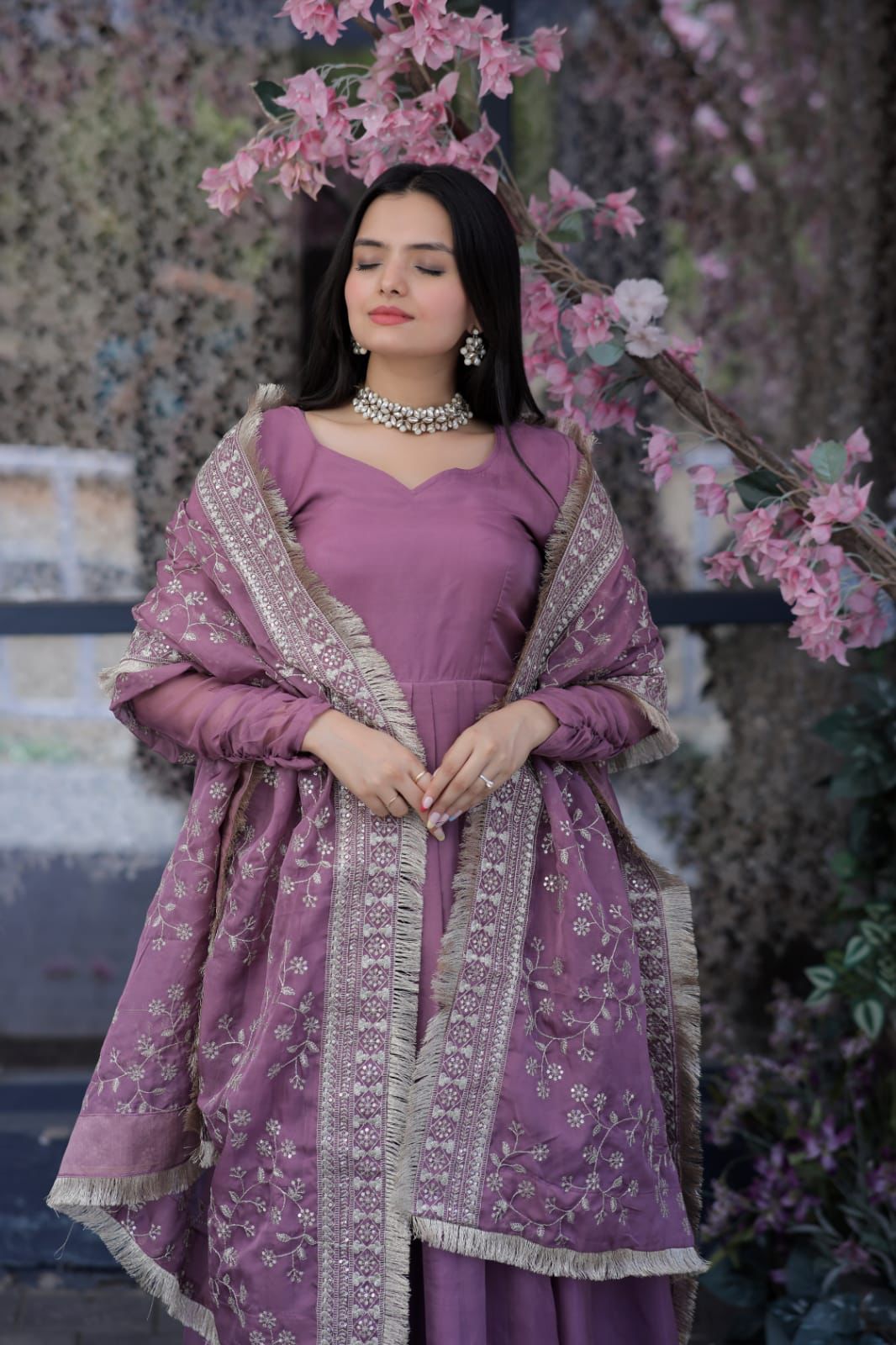 Lovely Dusty Pink Color Gown With Embroidered Work Dupatta