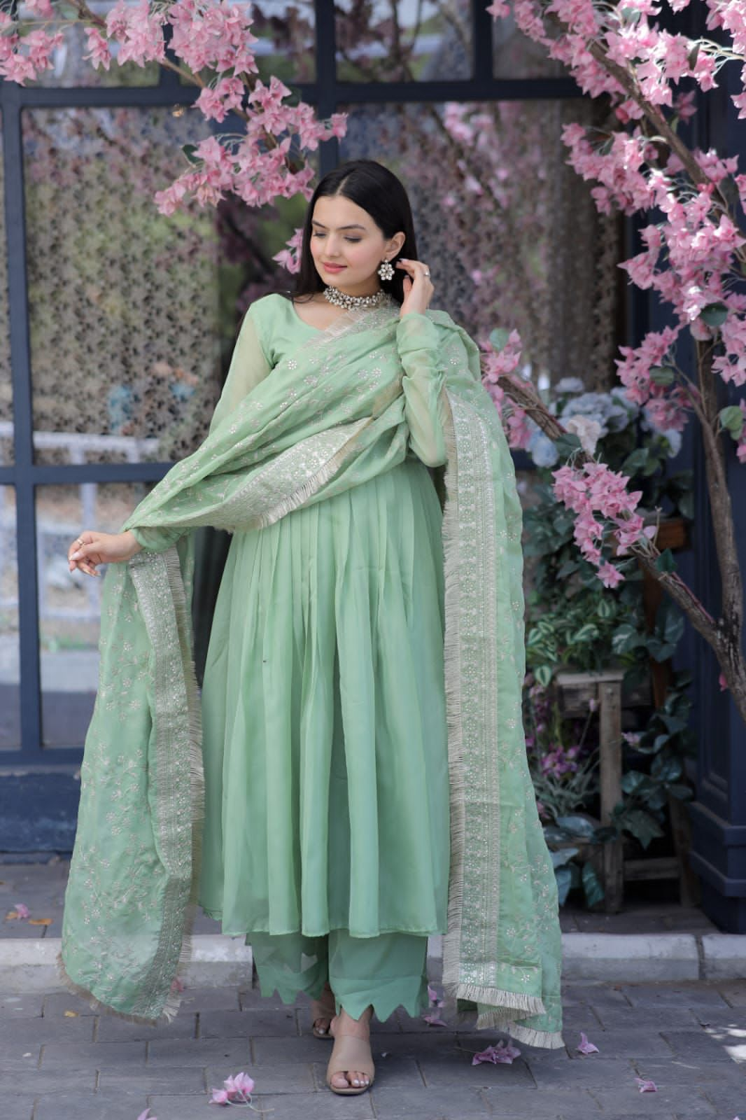 Pista green georgette gown with embroidered jacket | Designer party wear  dresses, Indian gowns dresses, Pakistani dress design