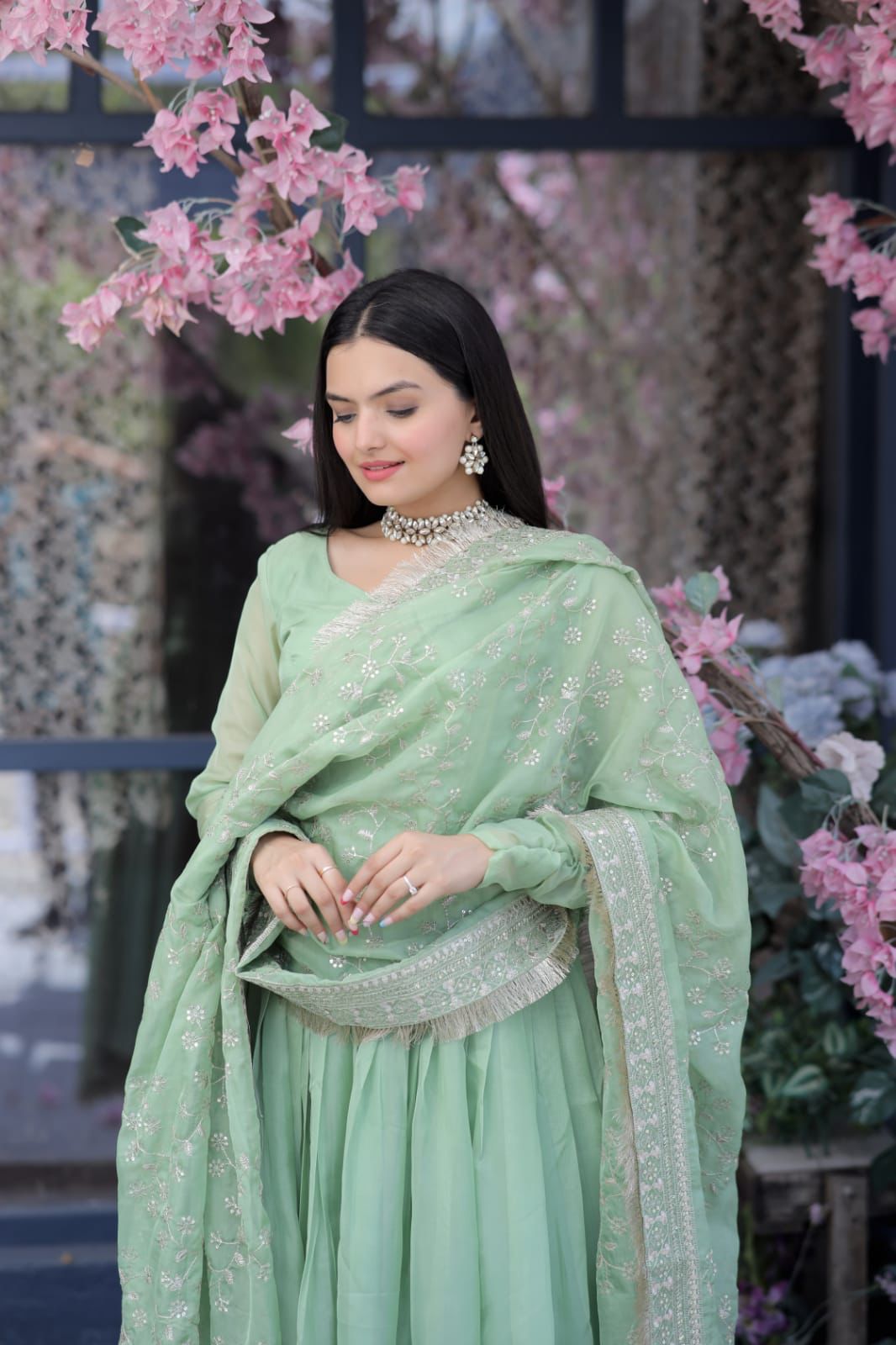 Lovely Pista Green Color Gown With Embroidered Work Dupatta
