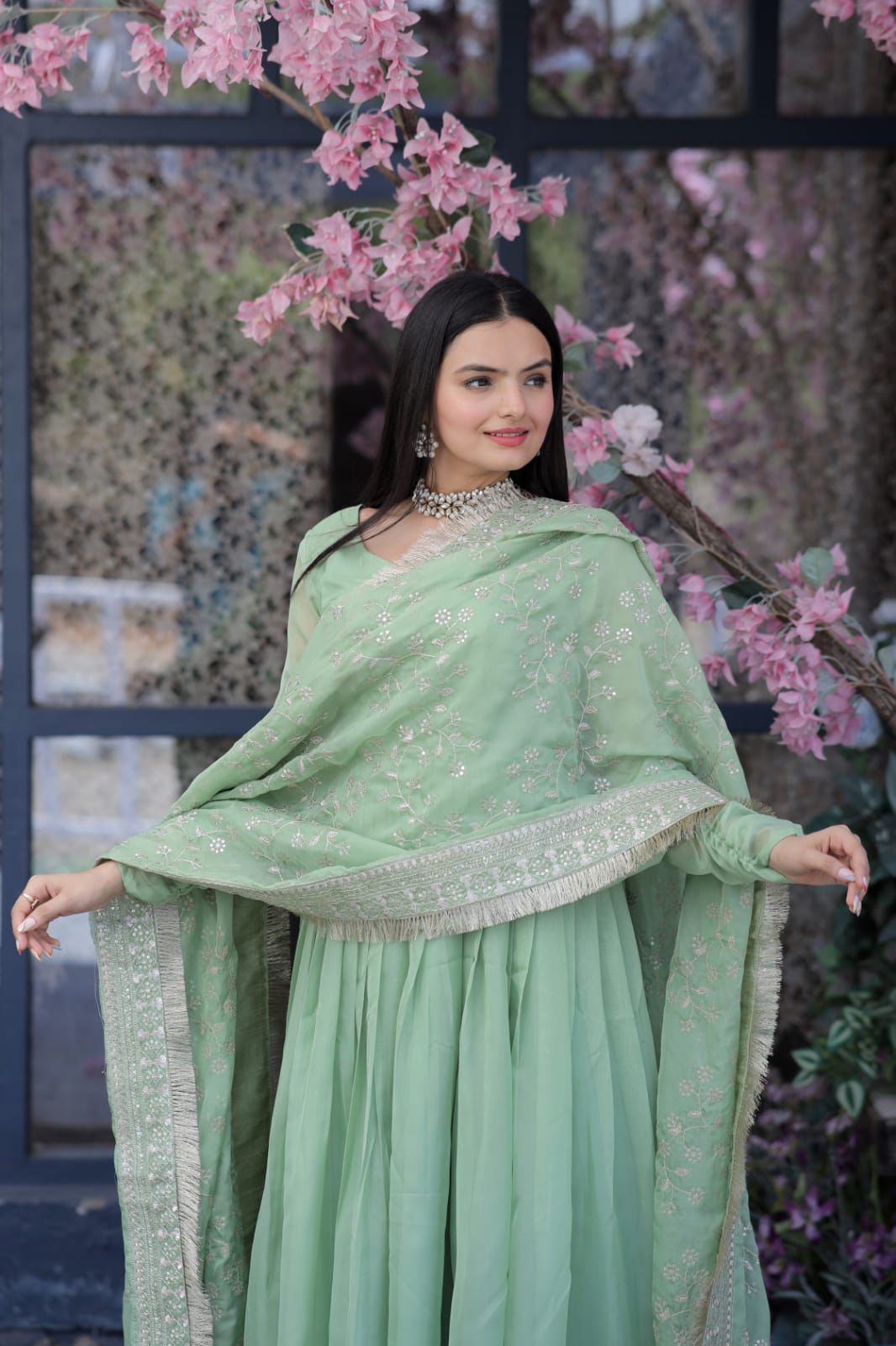 Lovely Pista Green Color Gown With Embroidered Work Dupatta