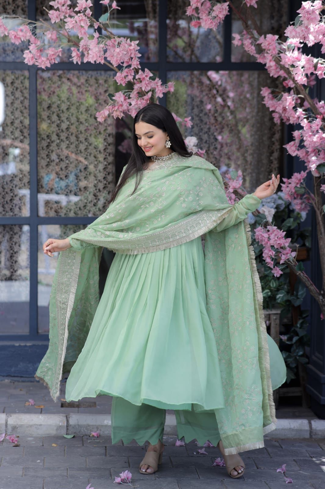 Lovely Pista Green Color Gown With Embroidered Work Dupatta