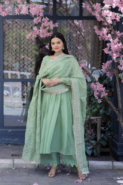 Lovely Pista Green Color Gown With Embroidered Work Dupatta