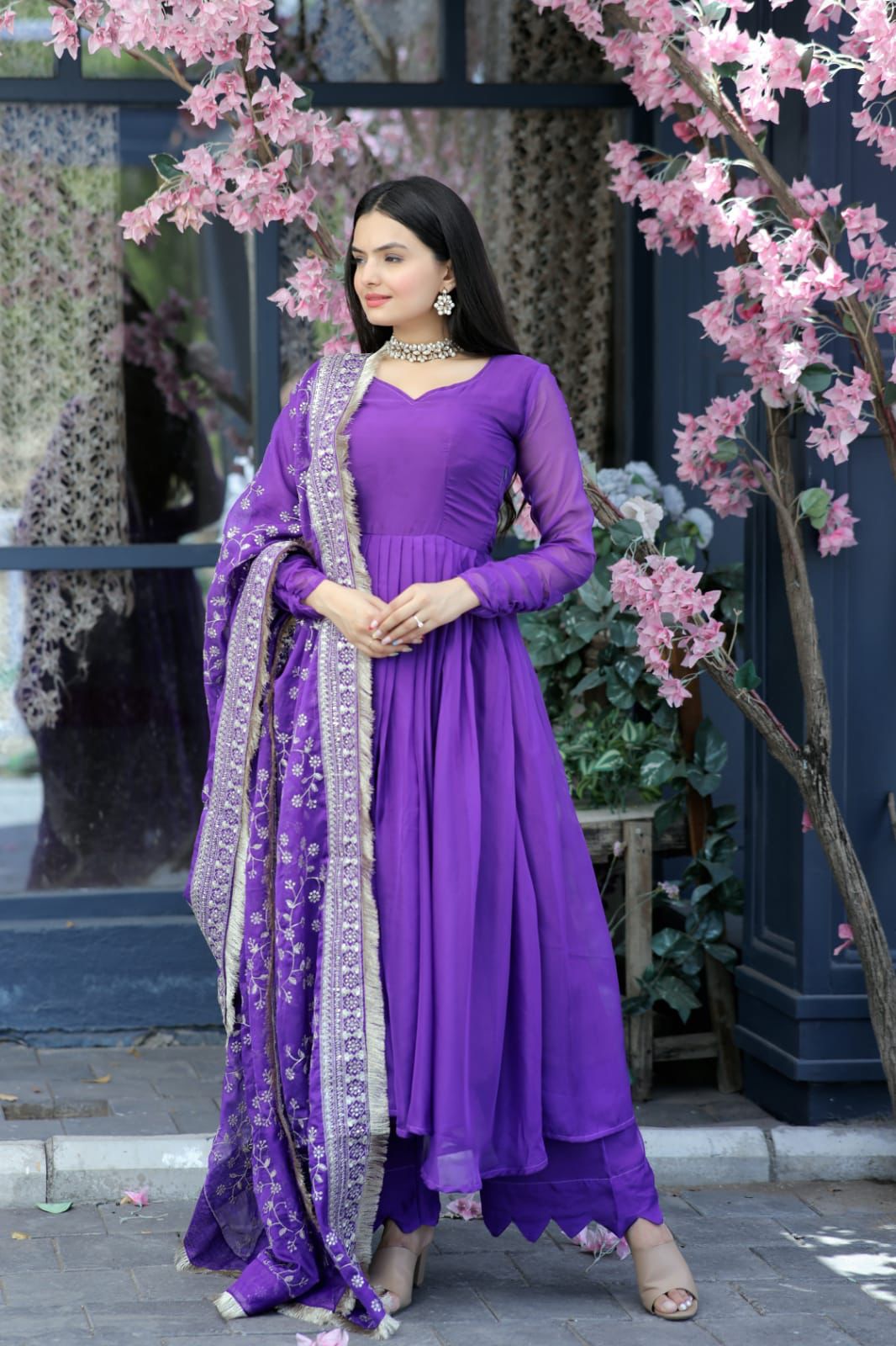 Lovely Purple Color Gown With Embroidered Work Dupatta