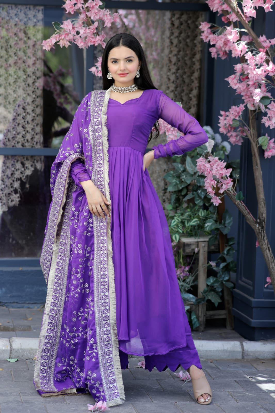 Lovely Purple Color Gown With Embroidered Work Dupatta
