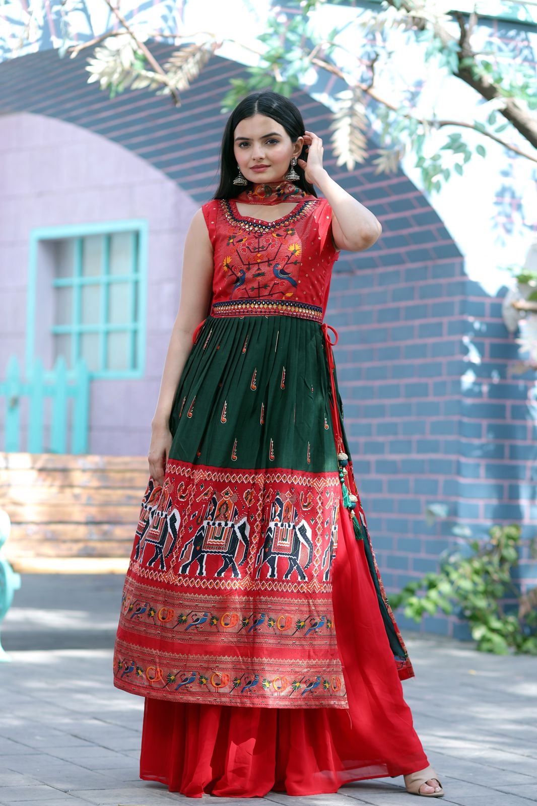 Designer Hand Mirror Work Red With Green Sharara Suit