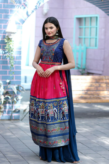 Designer Hand Mirror Work Navy Blue With Pink Sharara Suit