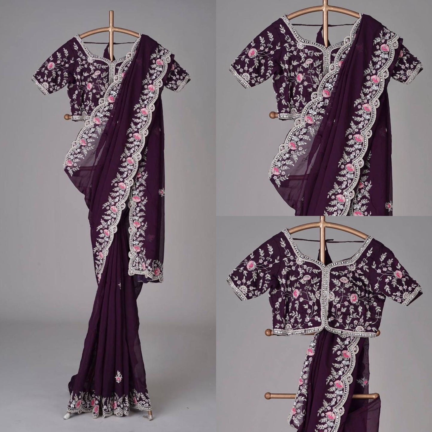 Wine Color Embroidery With Cut Work Border Saree