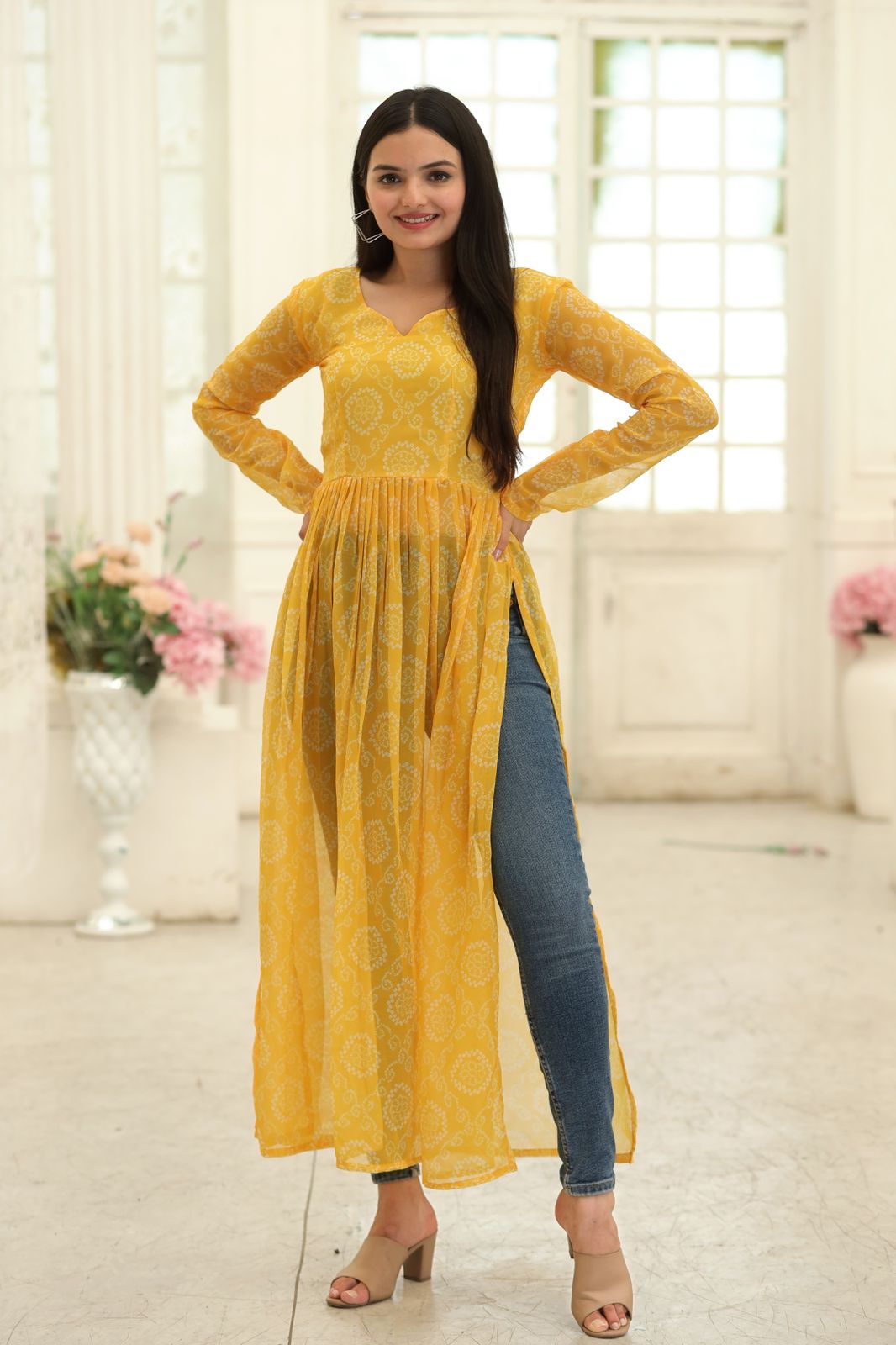 Party Wear Full Sleeves Yellow Color Kurti