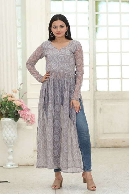 Party Wear Full Sleeves Gray Color Kurti