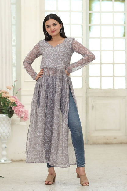 Party Wear Full Sleeves Gray Color Kurti