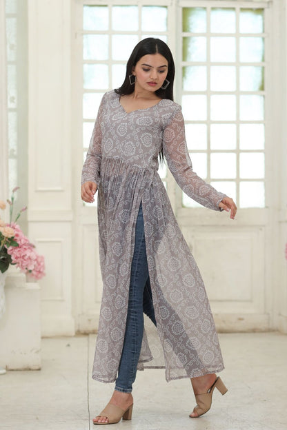 Party Wear Full Sleeves Gray Color Kurti