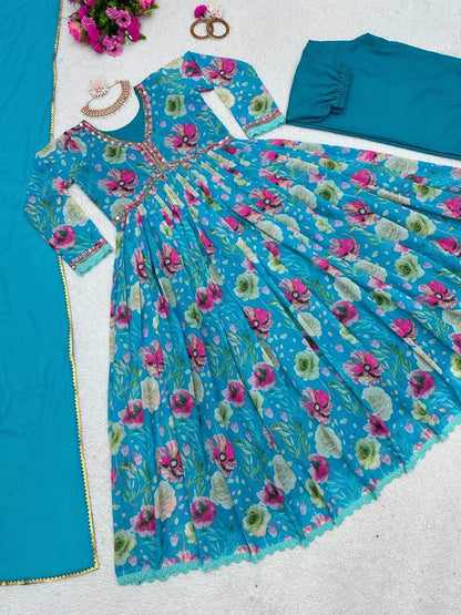 Fantastic Sky Blue Color Sequence Work Anarkali Gown