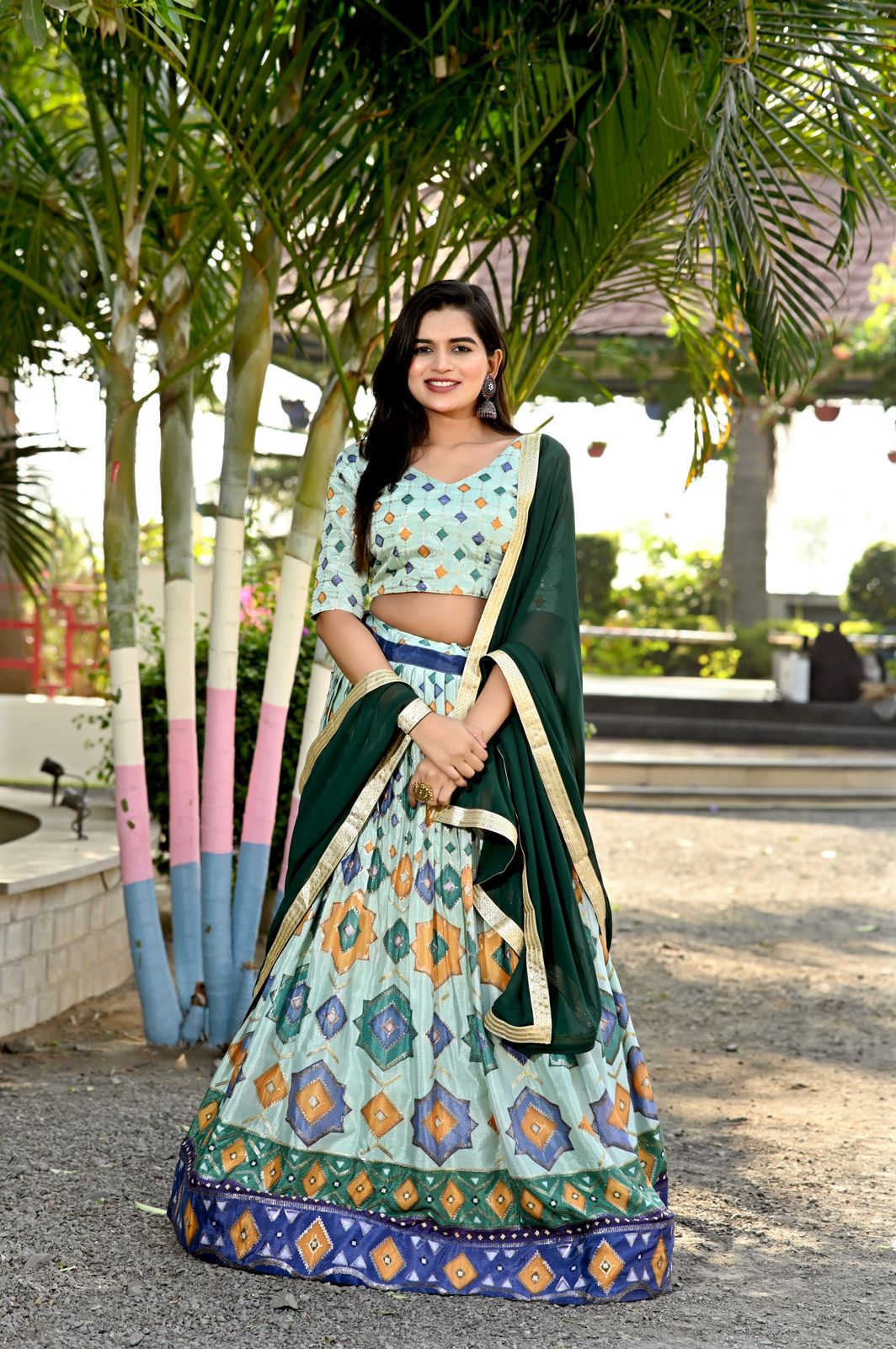 Wedding Wear Printed Pista Green Color Lehenga Choli