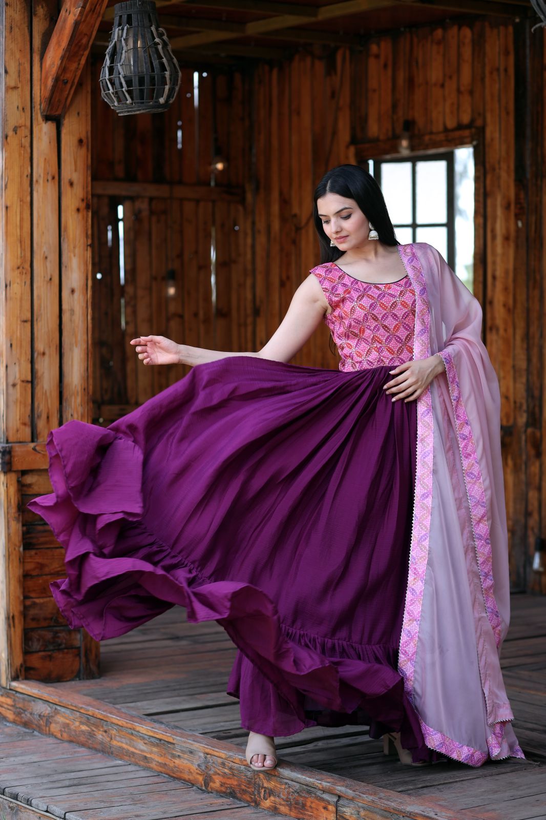 Fashionable Work Wine Gown With Dupatta