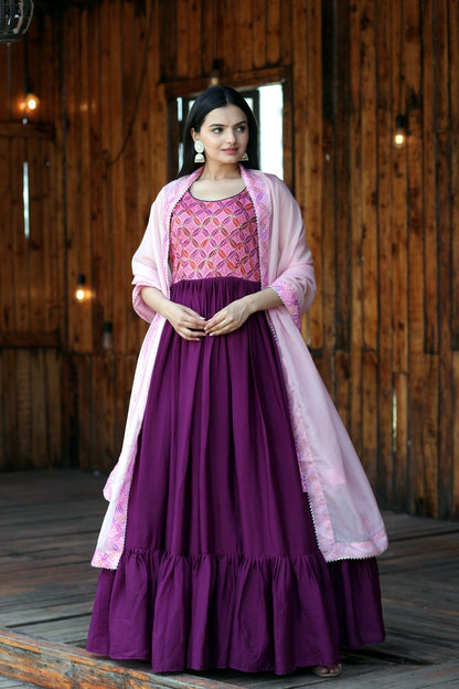 Fashionable Work Wine Gown With Dupatta