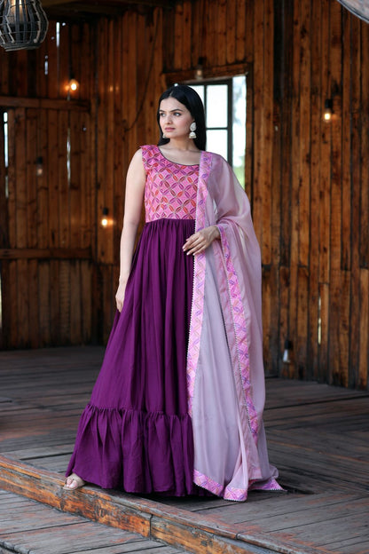 Fashionable Work Wine Gown With Dupatta