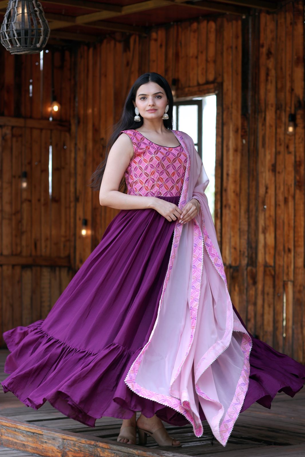 Fashionable Work Wine Gown With Dupatta