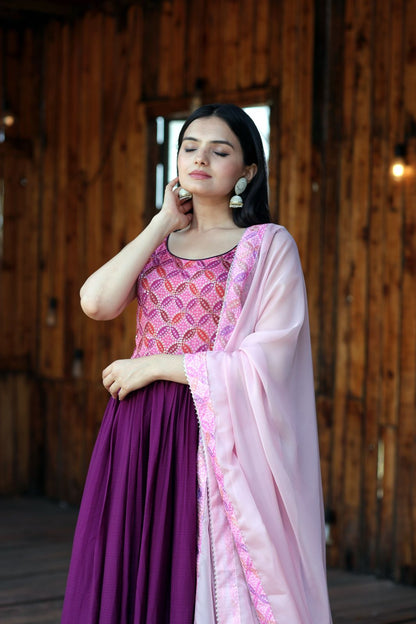 Fashionable Work Wine Gown With Dupatta