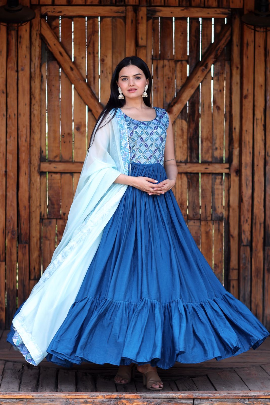 Fashionable Work Blue Gown With Dupatta