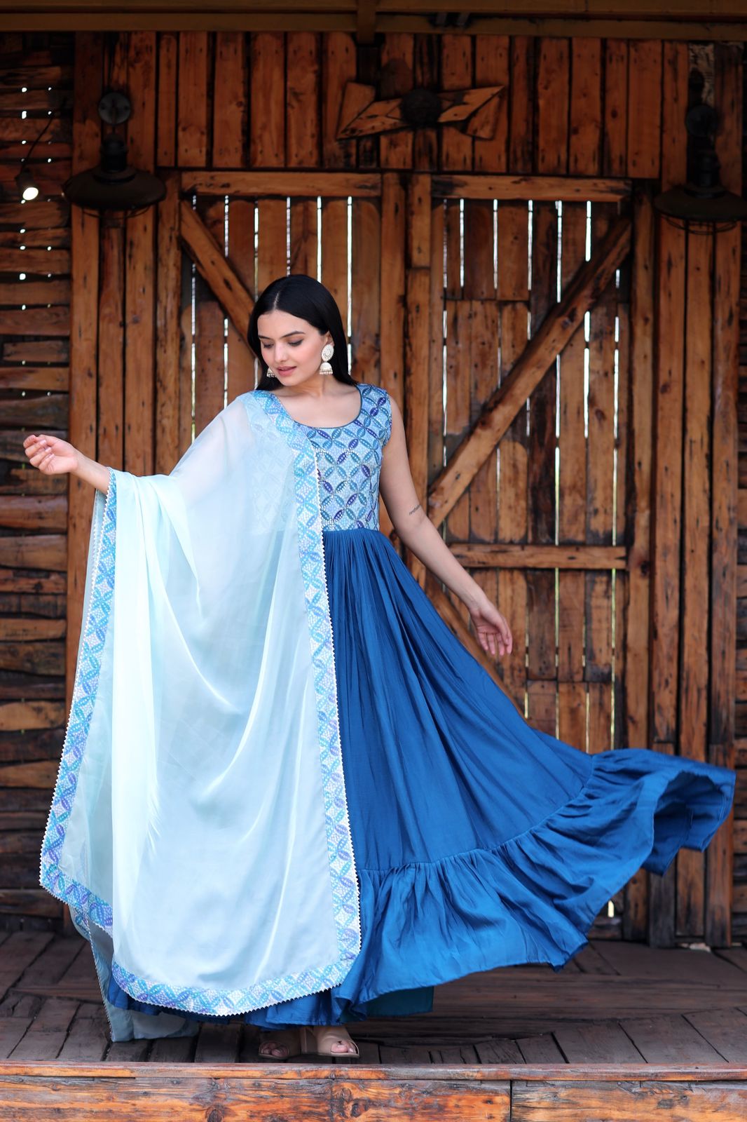 Fashionable Work Blue Gown With Dupatta