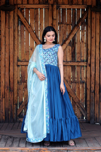 Fashionable Work Blue Gown With Dupatta