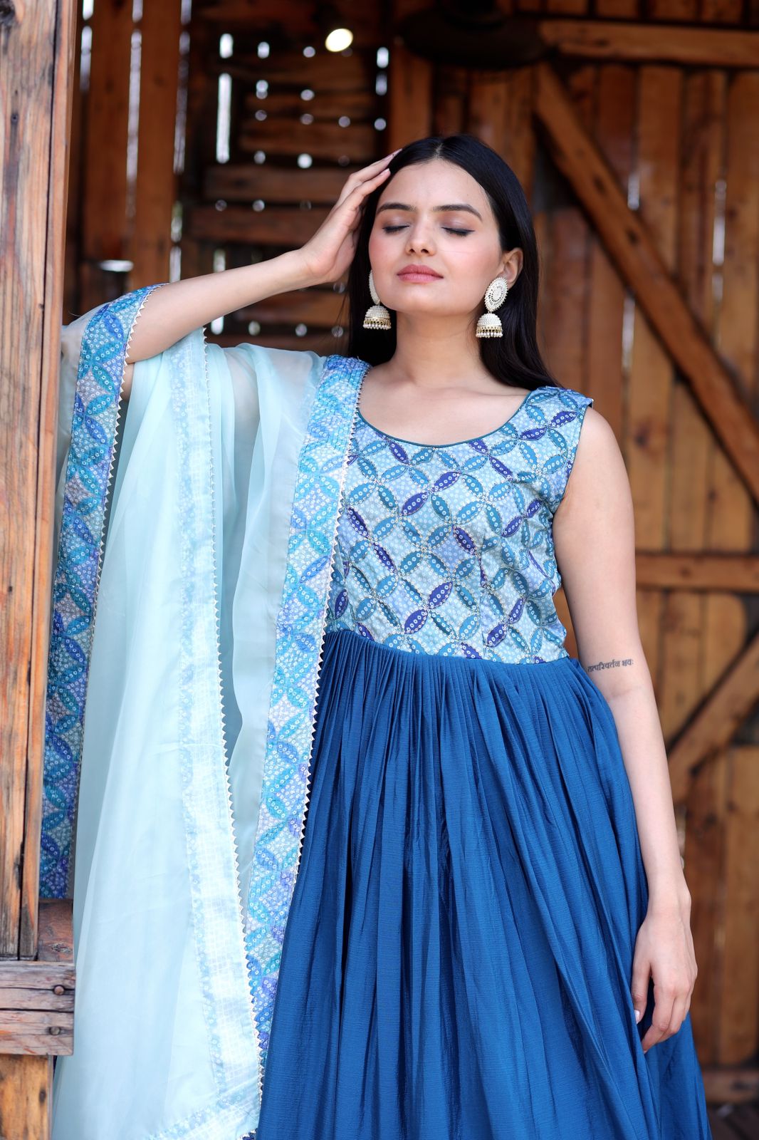 Fashionable Work Blue Gown With Dupatta