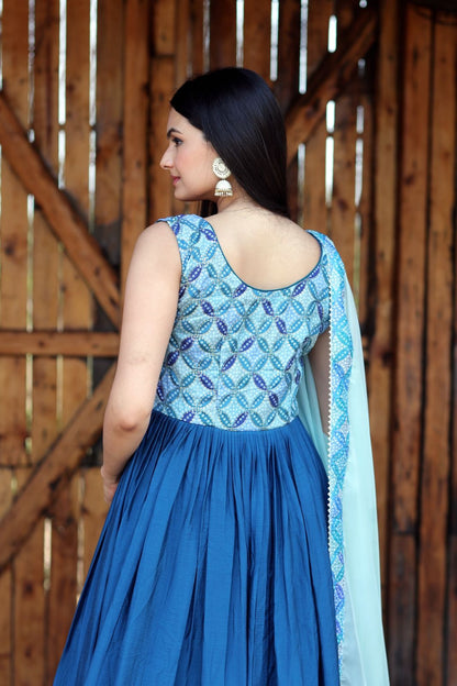 Fashionable Work Blue Gown With Dupatta