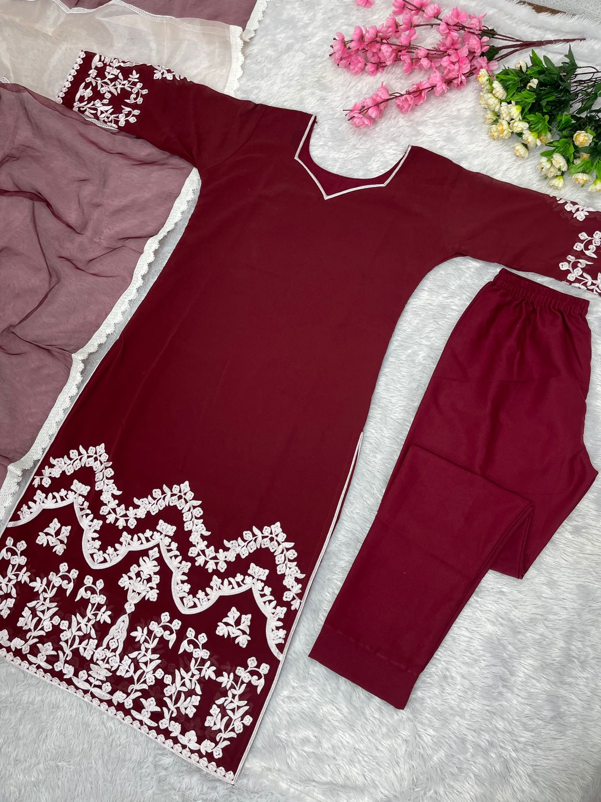 Latest Embroidered Work Maroon Color Kurti Set