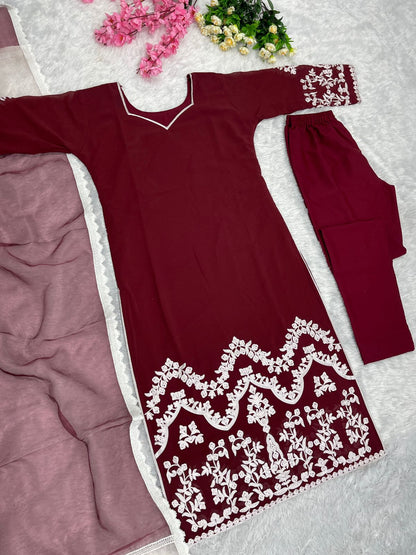 Latest Embroidered Work Maroon Color Kurti Set