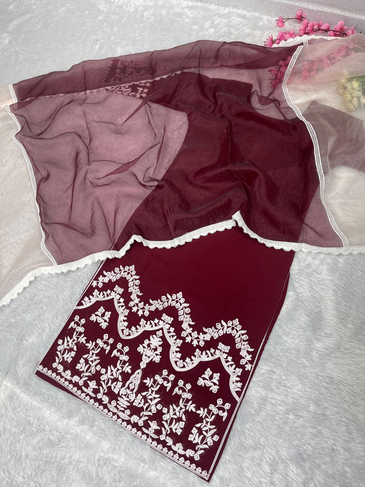 Latest Embroidered Work Maroon Color Kurti Set