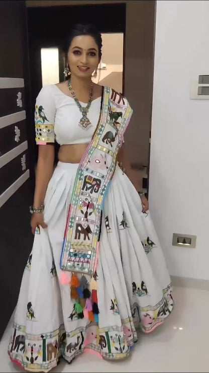 Mirror Work White Color Navratri Wear Lehenga Choli