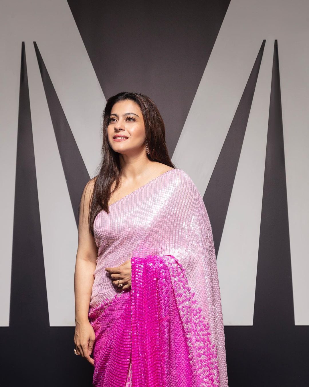 Latest Kajol Wear Sequins Work Pink Dual Tone Saree