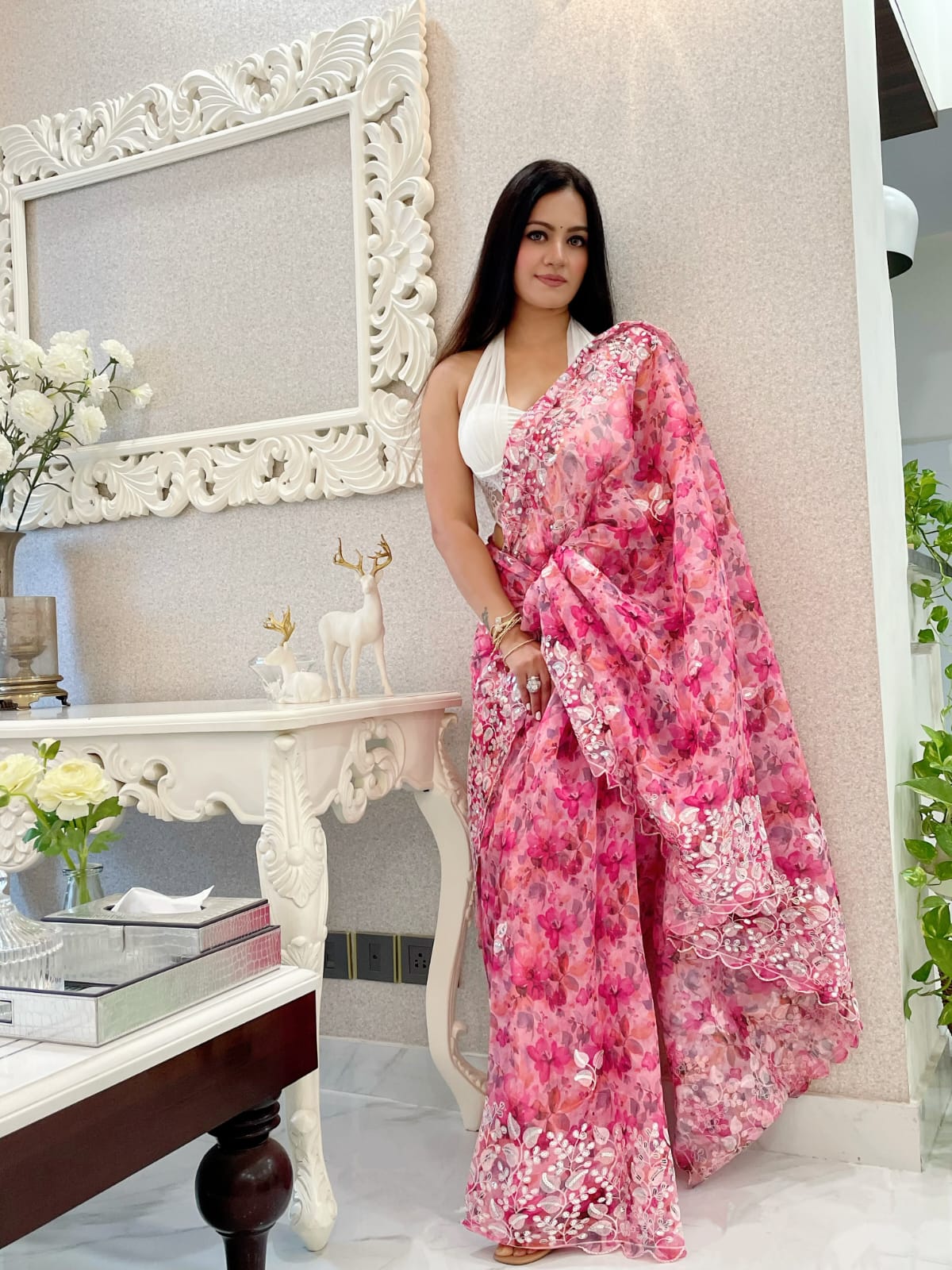 Beautiful Floral Digital Print Pink Color Saree