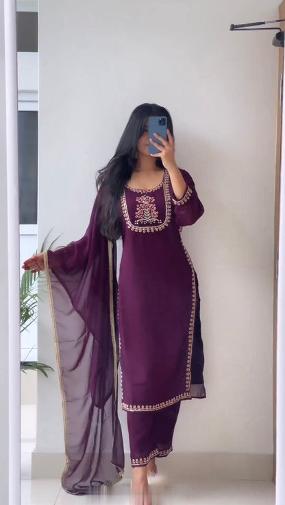 Wine Color Thread Work Fascinating Kurti Set