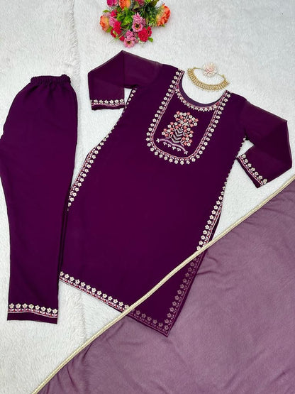 Wine Color Thread Work Fascinating Kurti Set