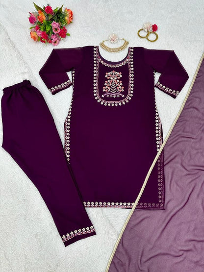 Wine Color Thread Work Fascinating Kurti Set