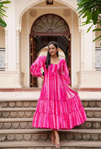 Ruffle Style Digital Print Pink Color Frock