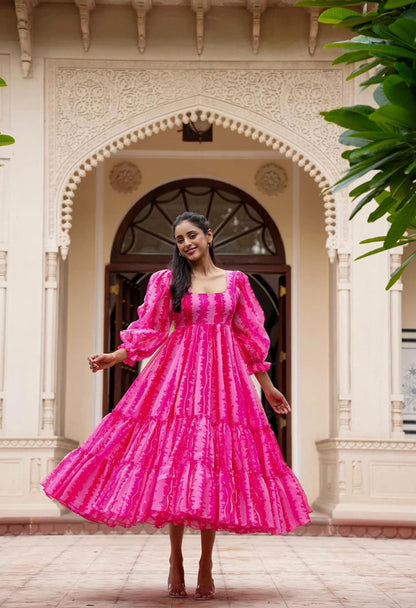 Ruffle Style Digital Print Pink Color Frock