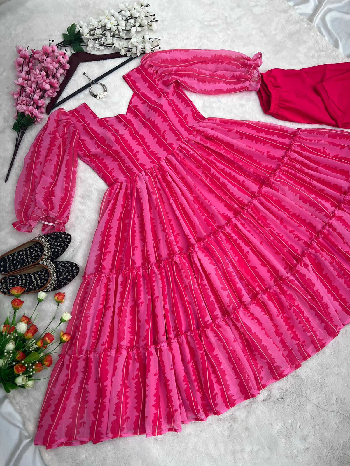 Ruffle Style Digital Print Pink Color Frock