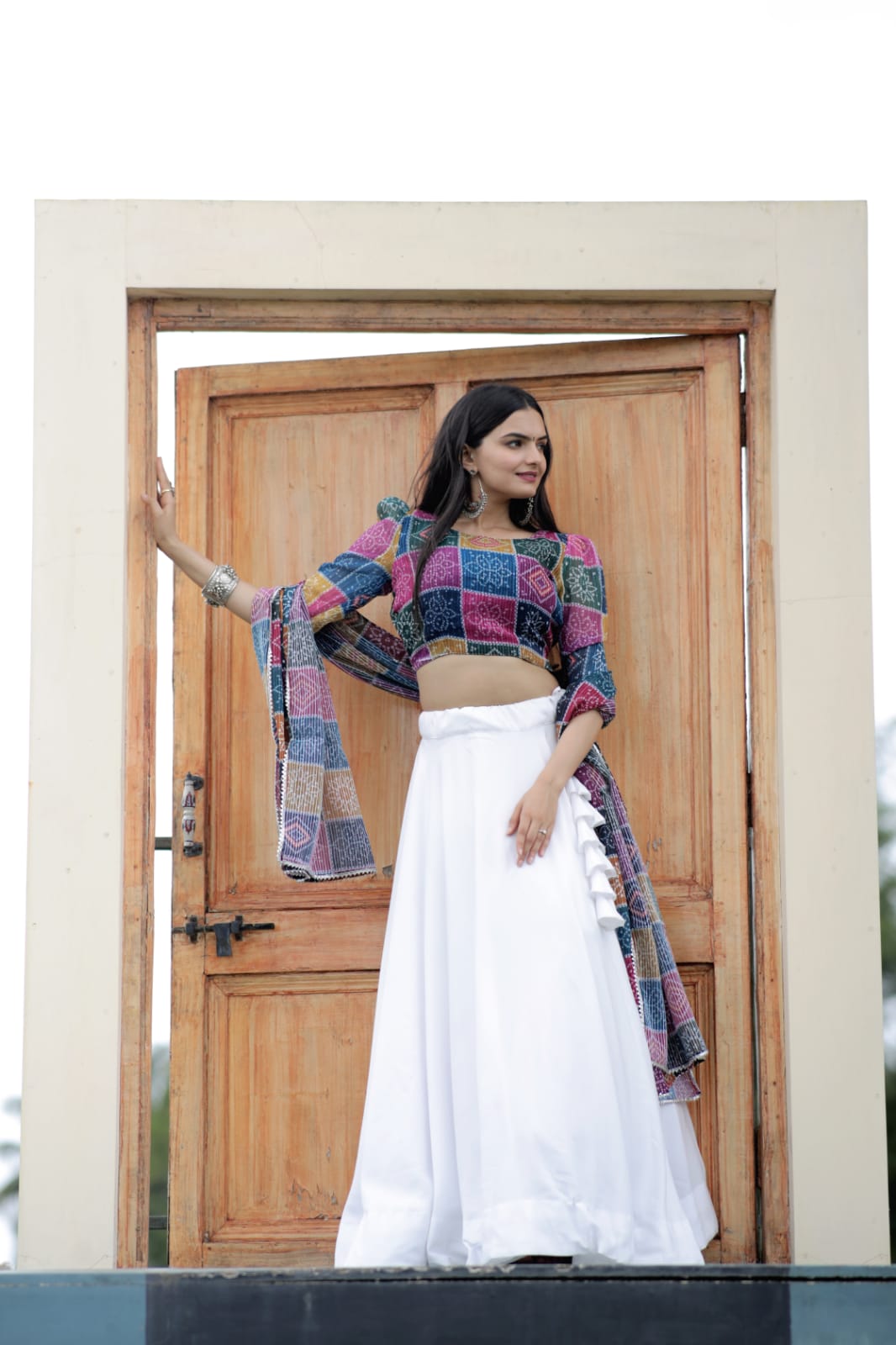 White Plain Lehenga With Multi Color Blouse