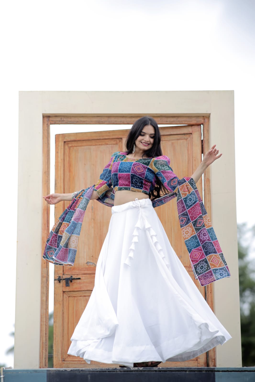 White Plain Lehenga With Multi Color Blouse